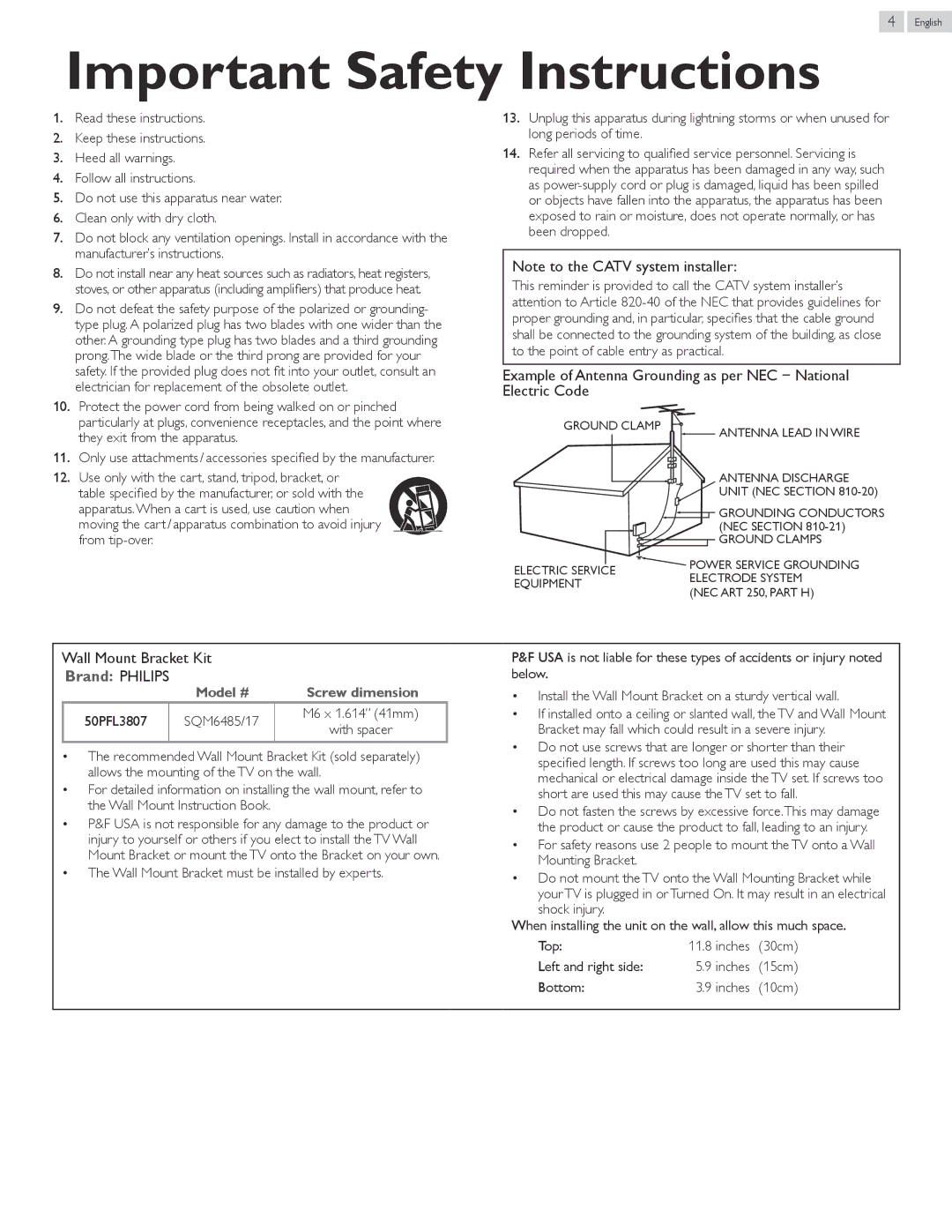 Philips 50PFL3807 user manual Wall Mount Bracket Kit 