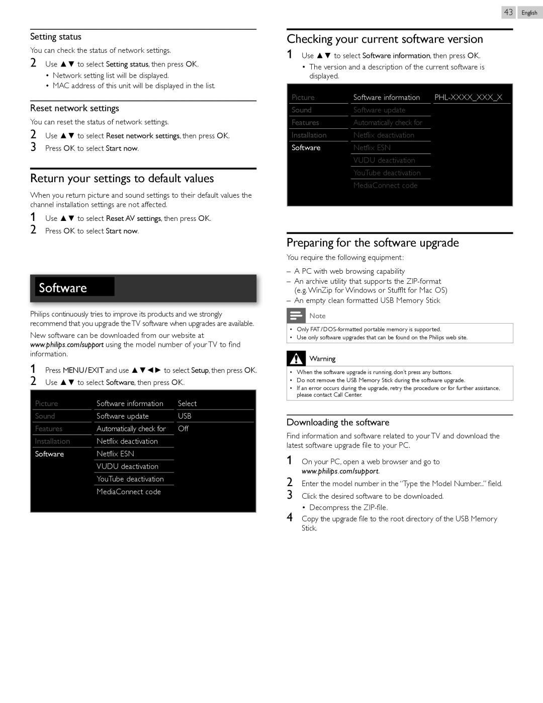 Philips 50PFL3807 user manual Checking your current software version, Return your settings to default values 