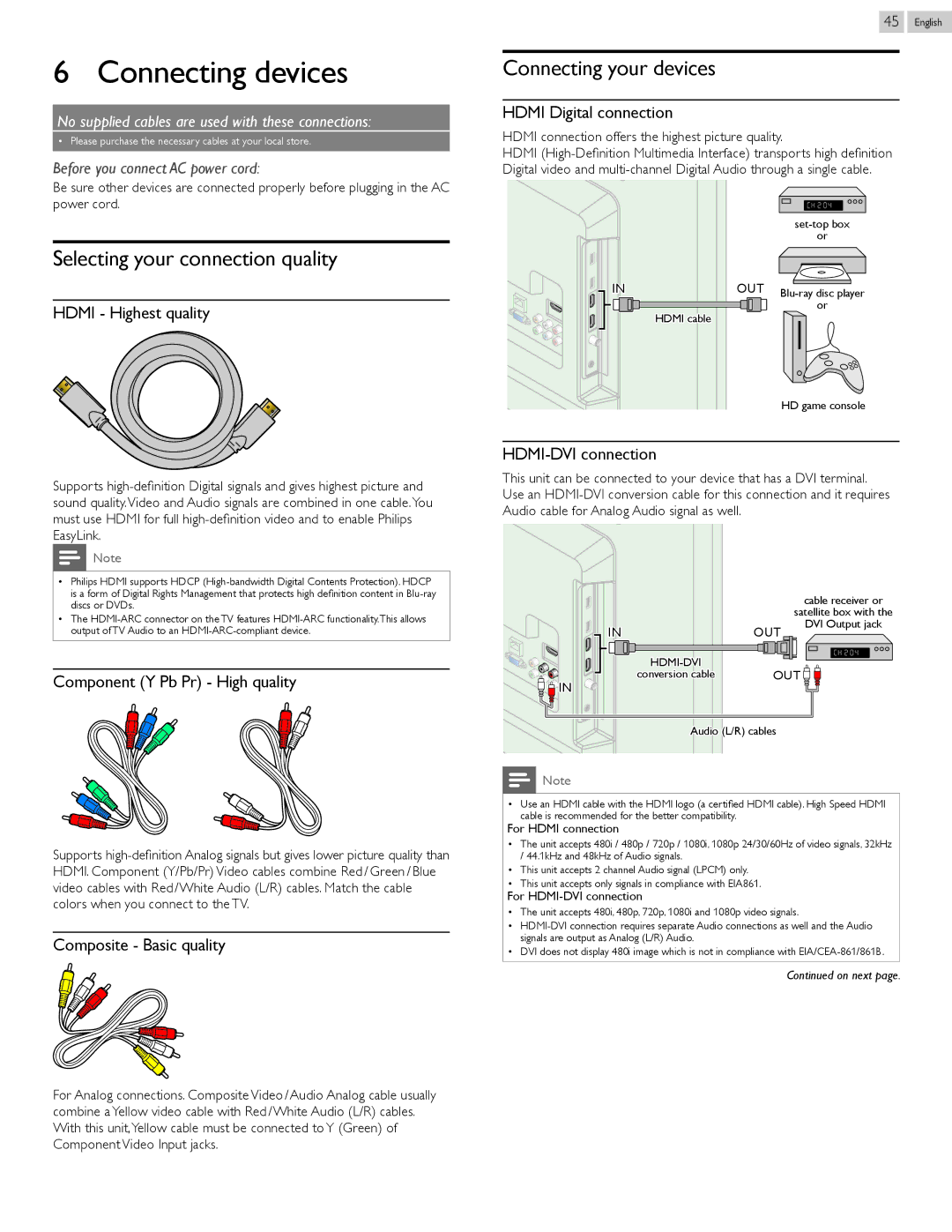 Philips 50PFL3807 user manual Connecting devices, Selecting your connection quality, Connecting your devices 