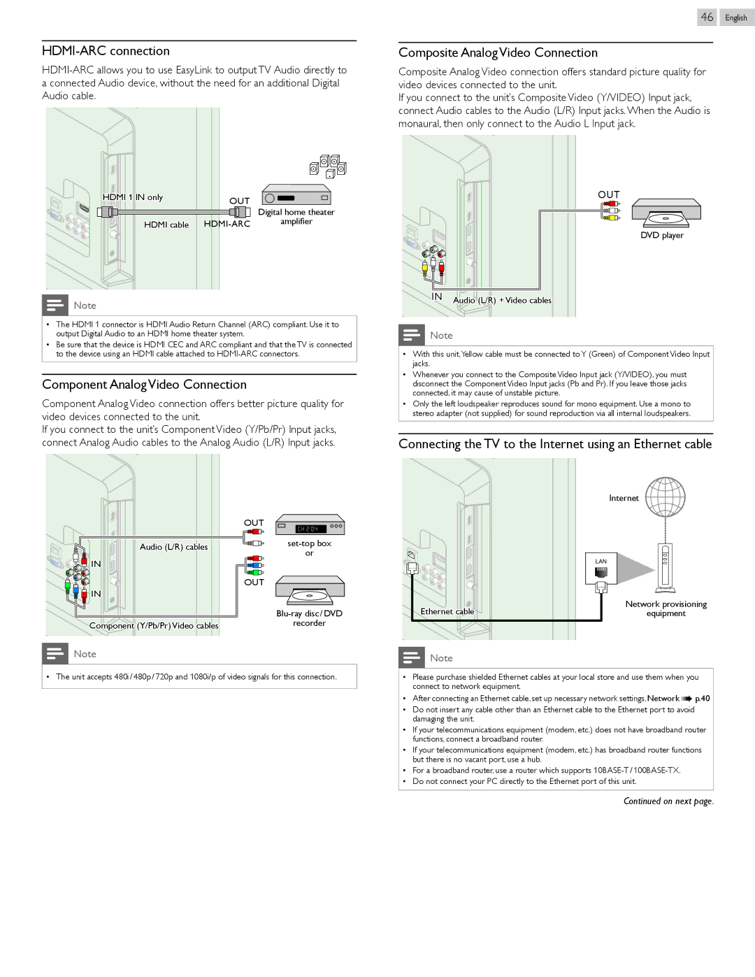 Philips 50PFL3807 user manual HDMI-ARC connection, Component Analog Video Connection, Composite Analog Video Connection 