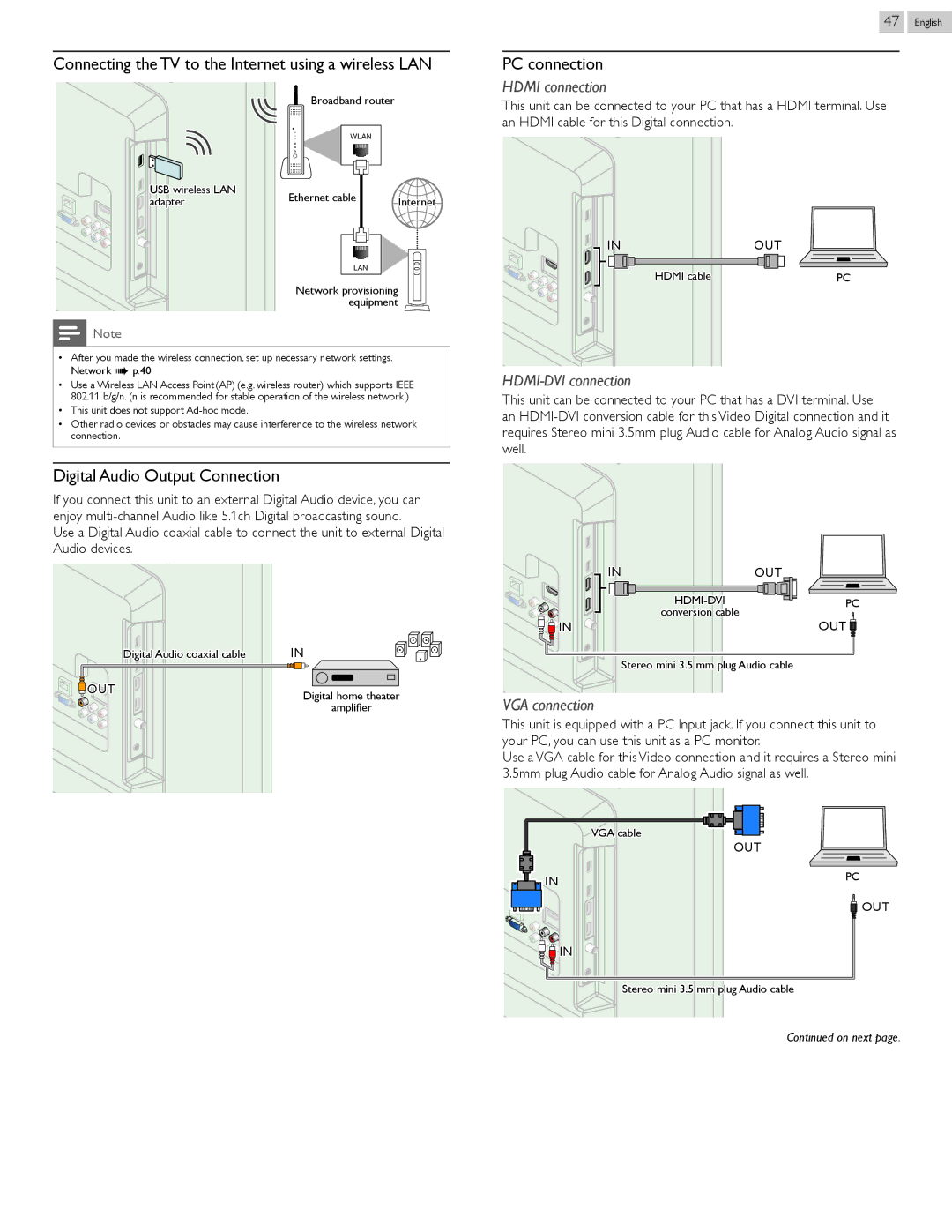 Philips 50PFL3807 Connecting the TV to the Internet using a wireless LAN, Digital Audio Output Connection, PC connection 