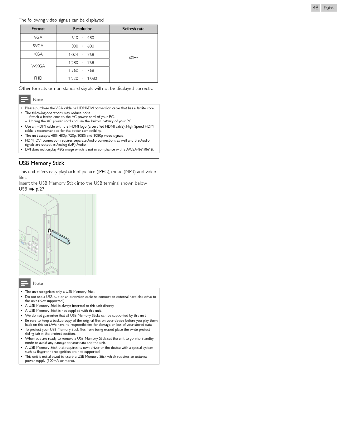 Philips 50PFL3807 user manual USB Memory Stick, Following video signals can be displayed 