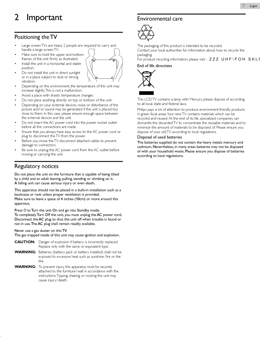 Philips 50PFL3807 user manual Positioning the TV, Regulatory notices, Environmental care, End of life directives 