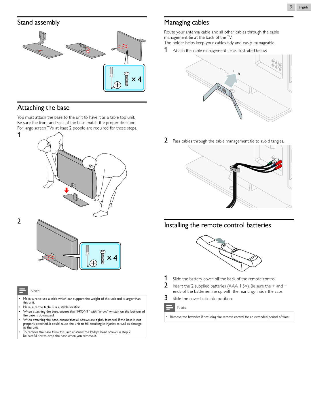 Philips 50PFL3807 Attaching the base, Installing the remote control batteries, Management tie at the back of the TV 