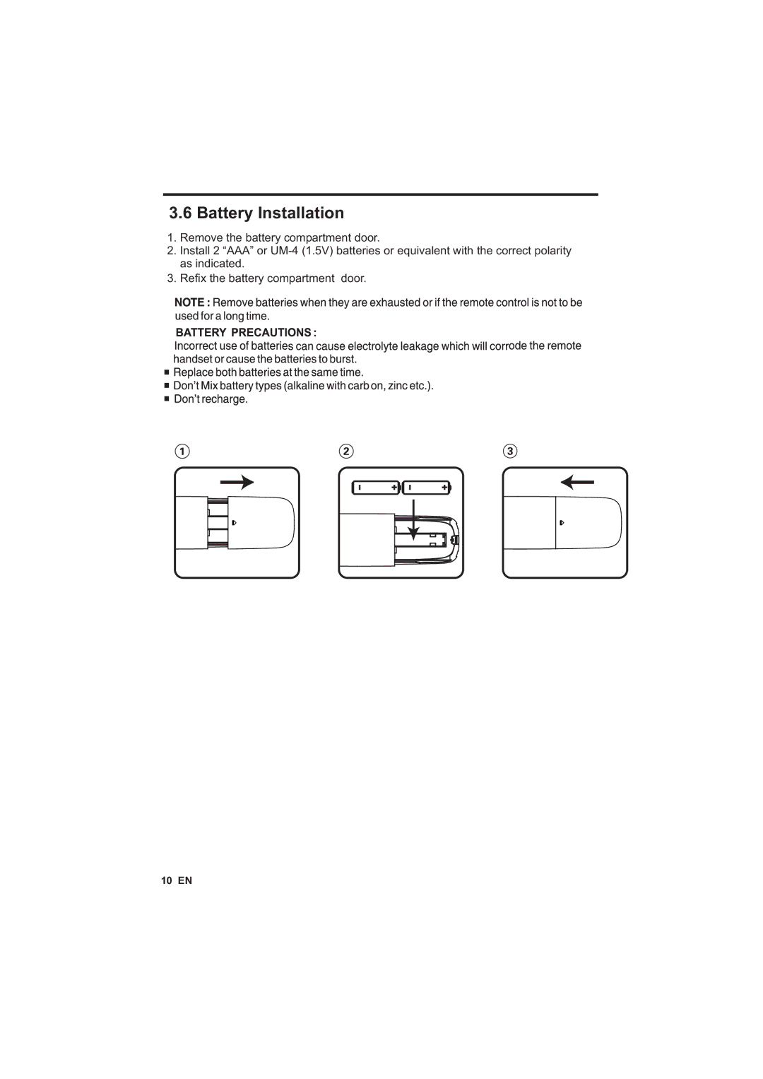 Philips 22PFL4758/V7, 50PFL4758/V7, 40PFL4758/V7, 32PFL4738/V7, 29PFL4738/V7, 24PFL4738/V7 Battery Installation, 10 EN 