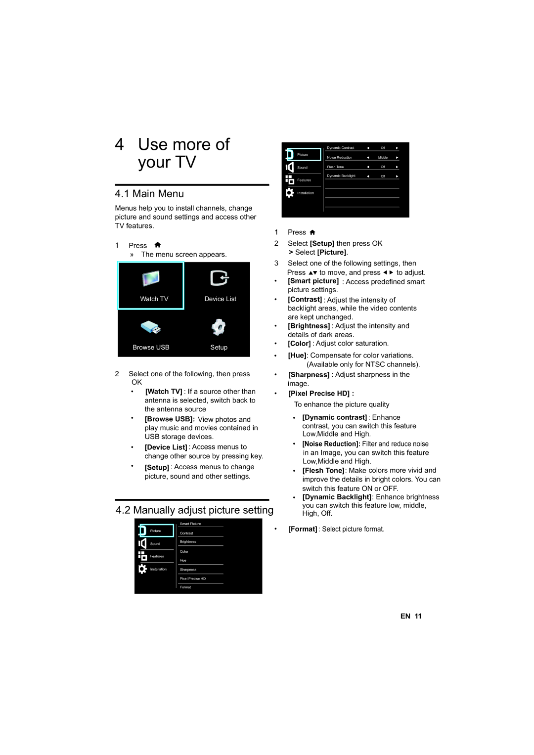 Philips 46PFL4758/V7, 50PFL4758/V7 user manual Main Menu, Manually adjust picture setting, Select Picture, Pixel Precise HD 