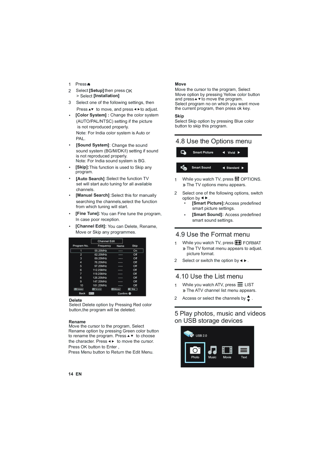 Philips 32PFL4738/V7, 50PFL4758/V7, 40PFL4758/V7, 29PFL4738/V7 Use the Options menu, Use the Format menu, Use the List menu 