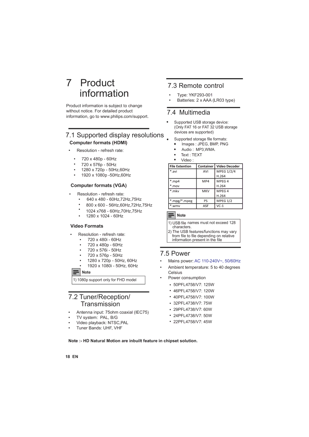 Philips 46PFL4758/V7 Type YKF293-001, Product information is subject to change, Without notice. For detailed product 