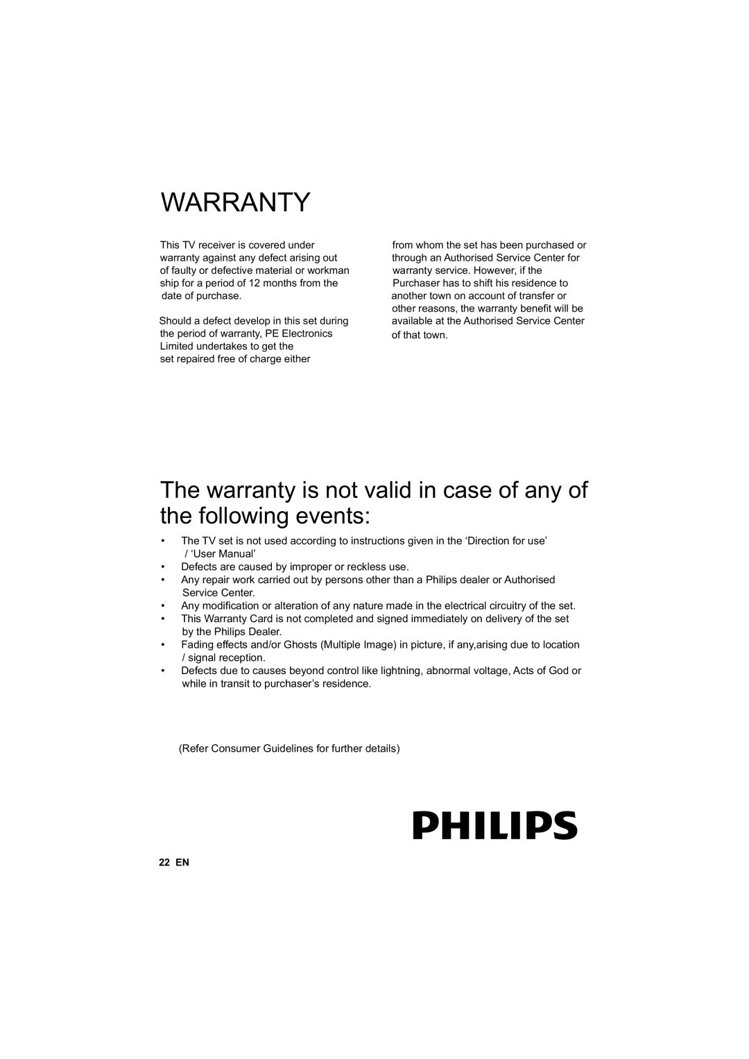 Philips 29PFL4738/V7, 50PFL4758/V7 Warranty, The warranty is not valid in case of any of the following events, 22 EN 