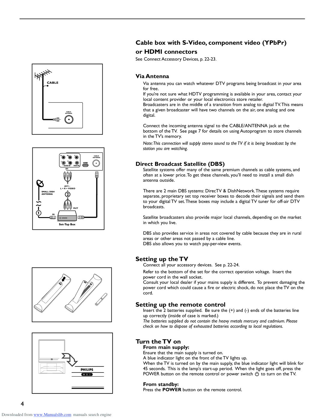 Philips 50PL9220D user manual Setting up the TV, Setting up the remote control, Turn the TV on, Via Antenna 