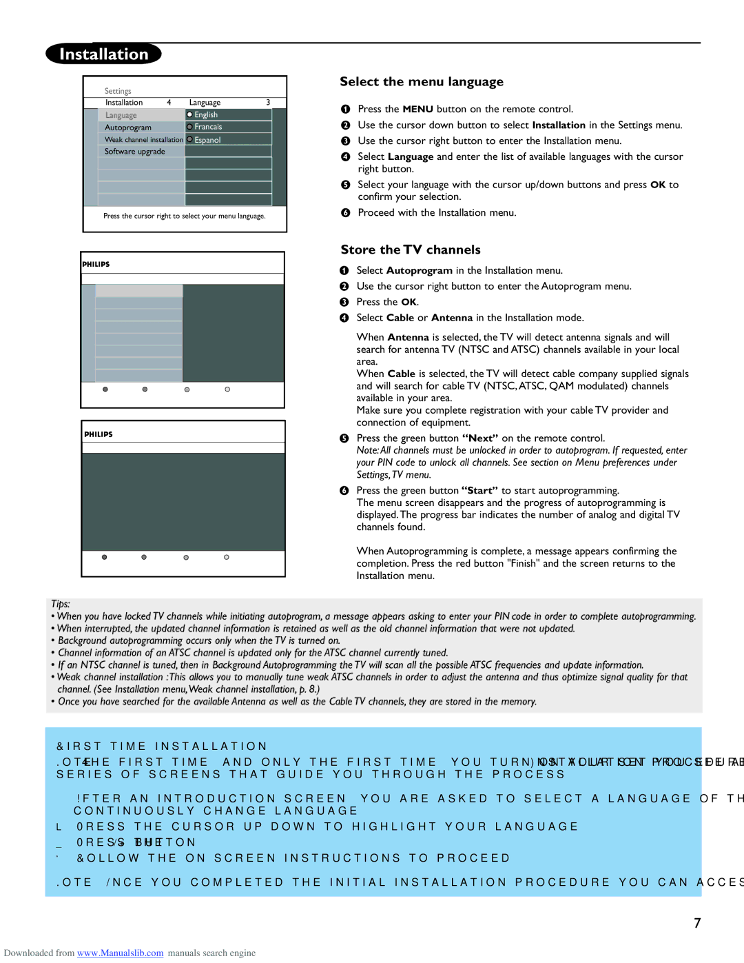 Philips 50PL9220D user manual Installation, Select the menu language, Store the TV channels 