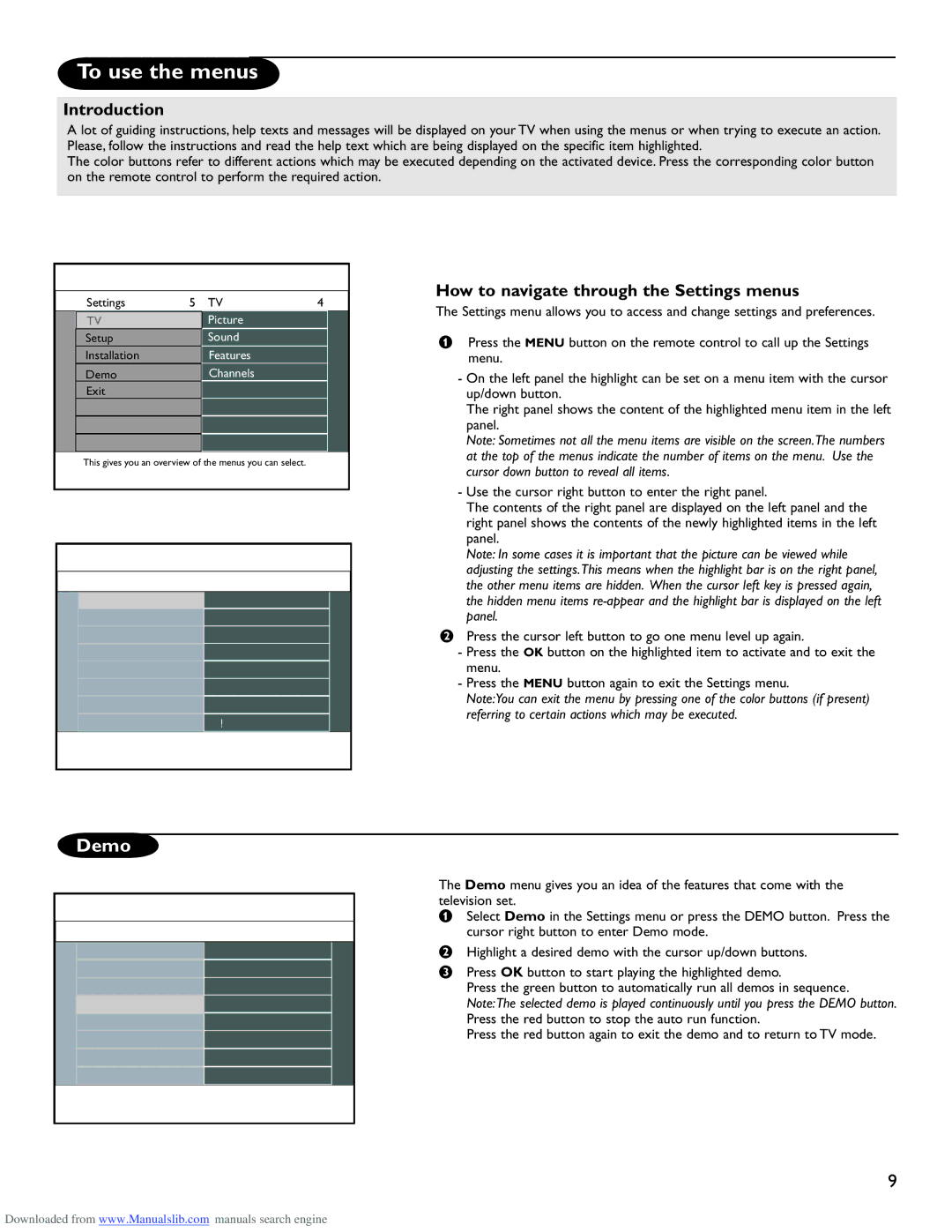 Philips 50PL9220D user manual To use the menus, Introduction, How to navigate through the Settings menus 