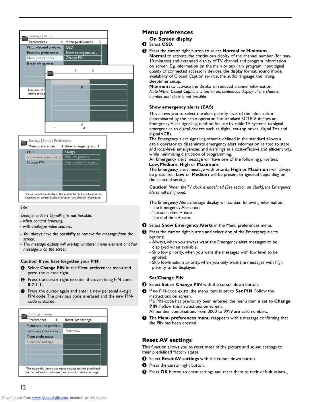 Philips 50PL9220D Menu preferences, Reset AV settings, On Screen display, Show emergency alerts EAS, Set/Change PIN 