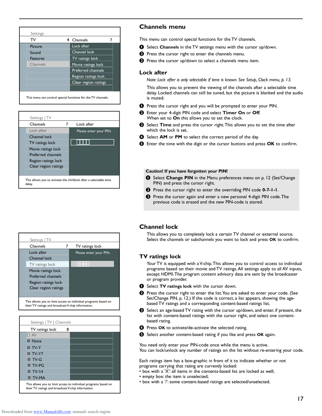 Philips 50PL9220D user manual Channels menu, Channel lock, Lock after, TV ratings lock 