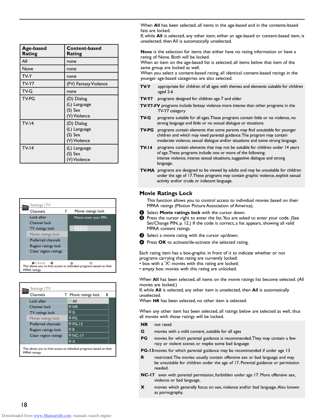 Philips 50PL9220D user manual Movie Ratings Lock, Age-based Content-based Rating 