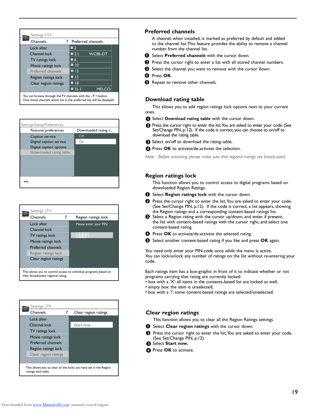 Philips 50PL9220D user manual Preferred channels, Download rating table, Region ratings lock, Clear region ratings 