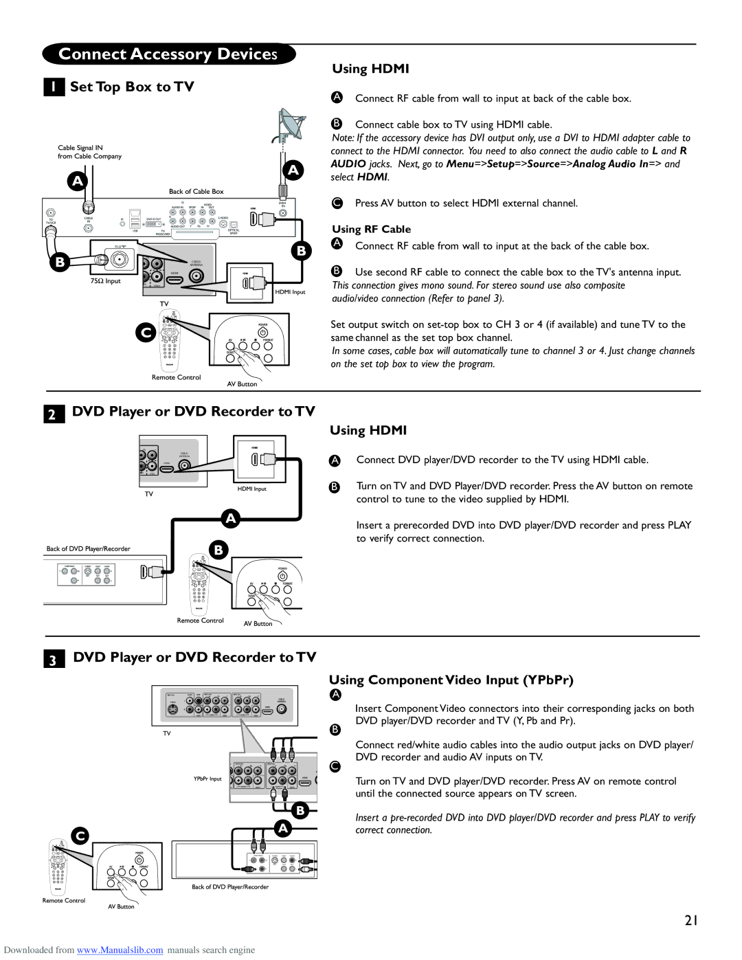 Philips 50PL9220D user manual Connect Accessory Devices, Set Top Box to TV, DVD Player or DVD Recorder to TV, Using Hdmi 