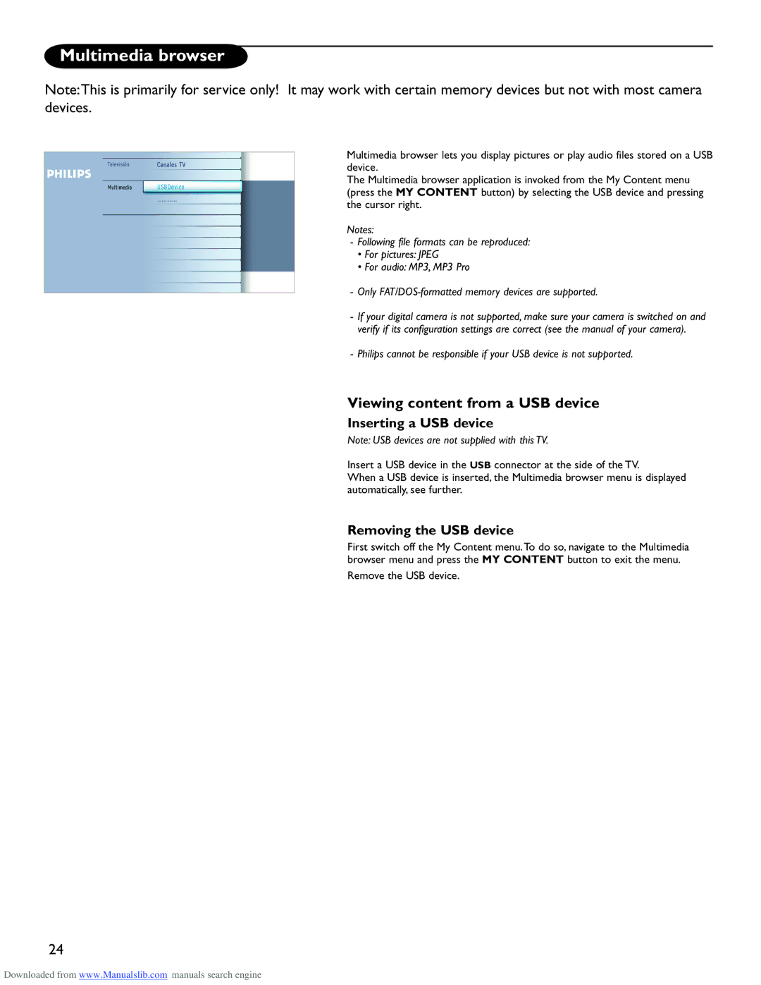 Philips 50PL9220D Multimedia browser, Viewing content from a USB device, Inserting a USB device, Removing the USB device 