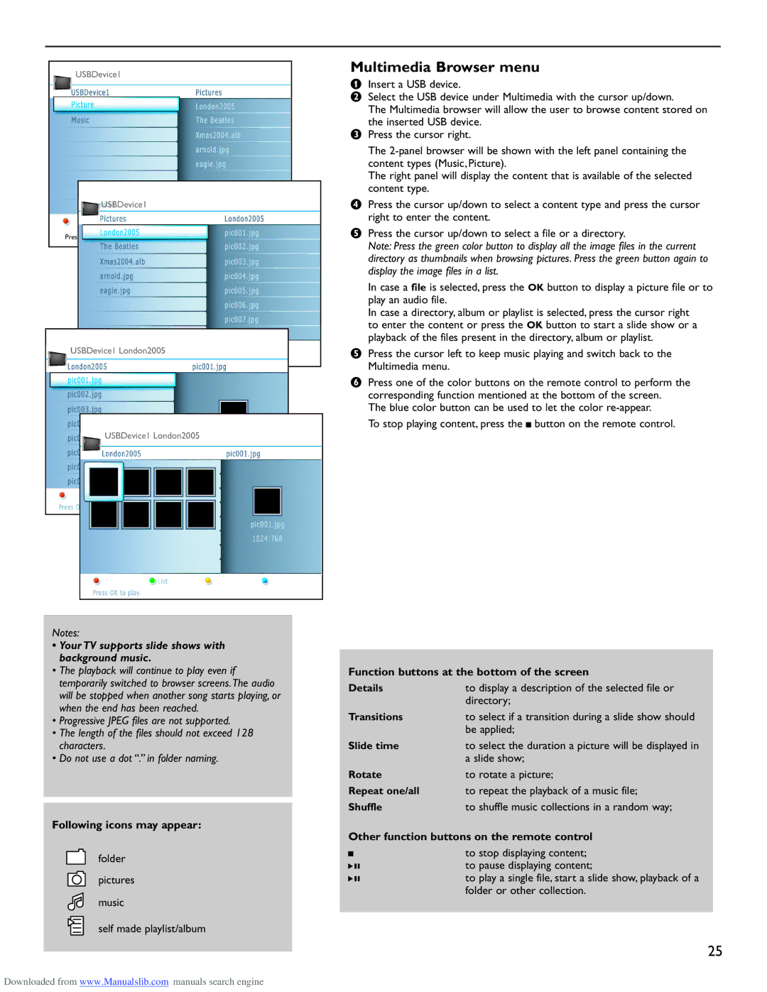 Philips 50PL9220D Multimedia Browser menu, Following icons may appear, Function buttons at the bottom of the screen 