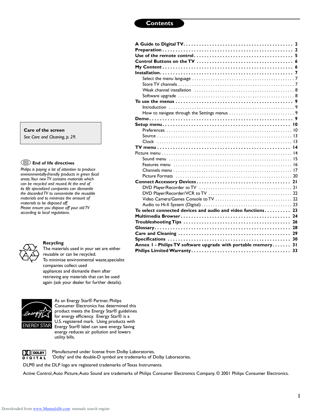 Philips 50PL9220D user manual Contents 