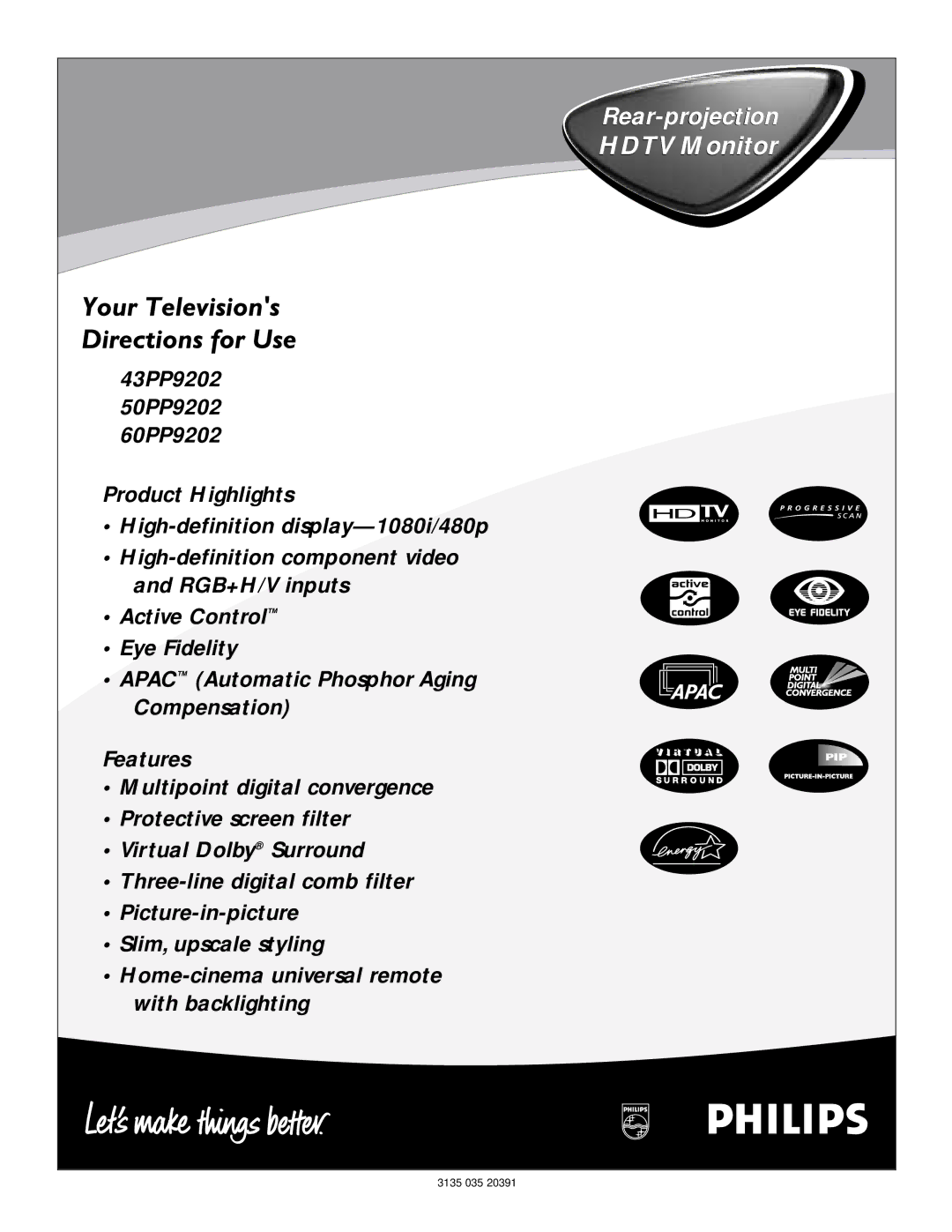 Philips 60PP9202, 50PP 9202, 43PP9202 manual Hdtv Monitor 