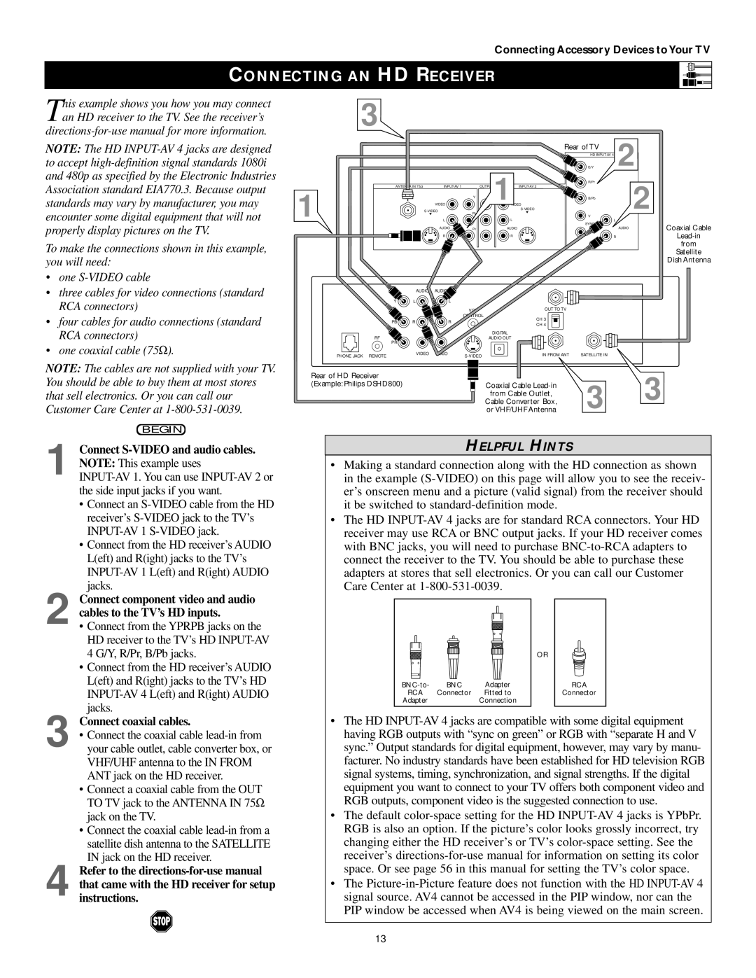 Philips 60PP9202, 50PP 9202, 43PP9202 Connecting AN HD Receiver, Connect S-VIDEO and audio cables. Note This example uses 