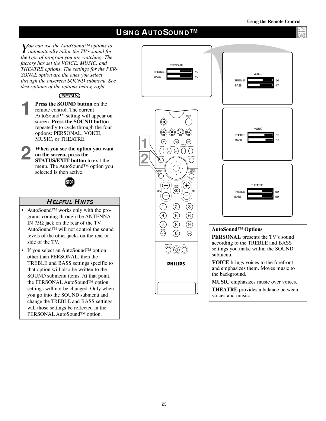 Philips 43PP9202, 50PP 9202, 60PP9202 manual Using Autosound, AutoSound Options 