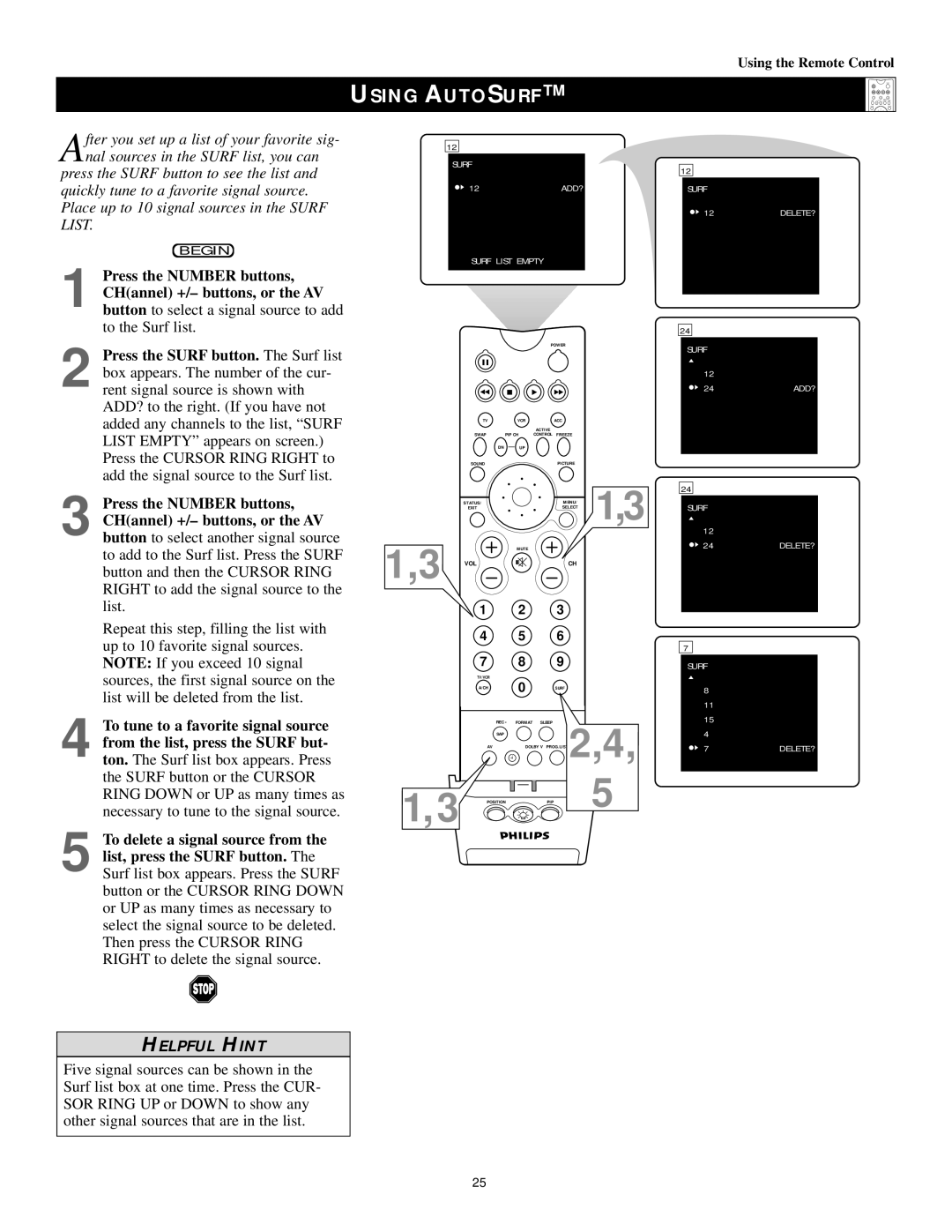 Philips 60PP9202, 50PP 9202, 43PP9202 manual Using Autosurf, Surf List Empty 