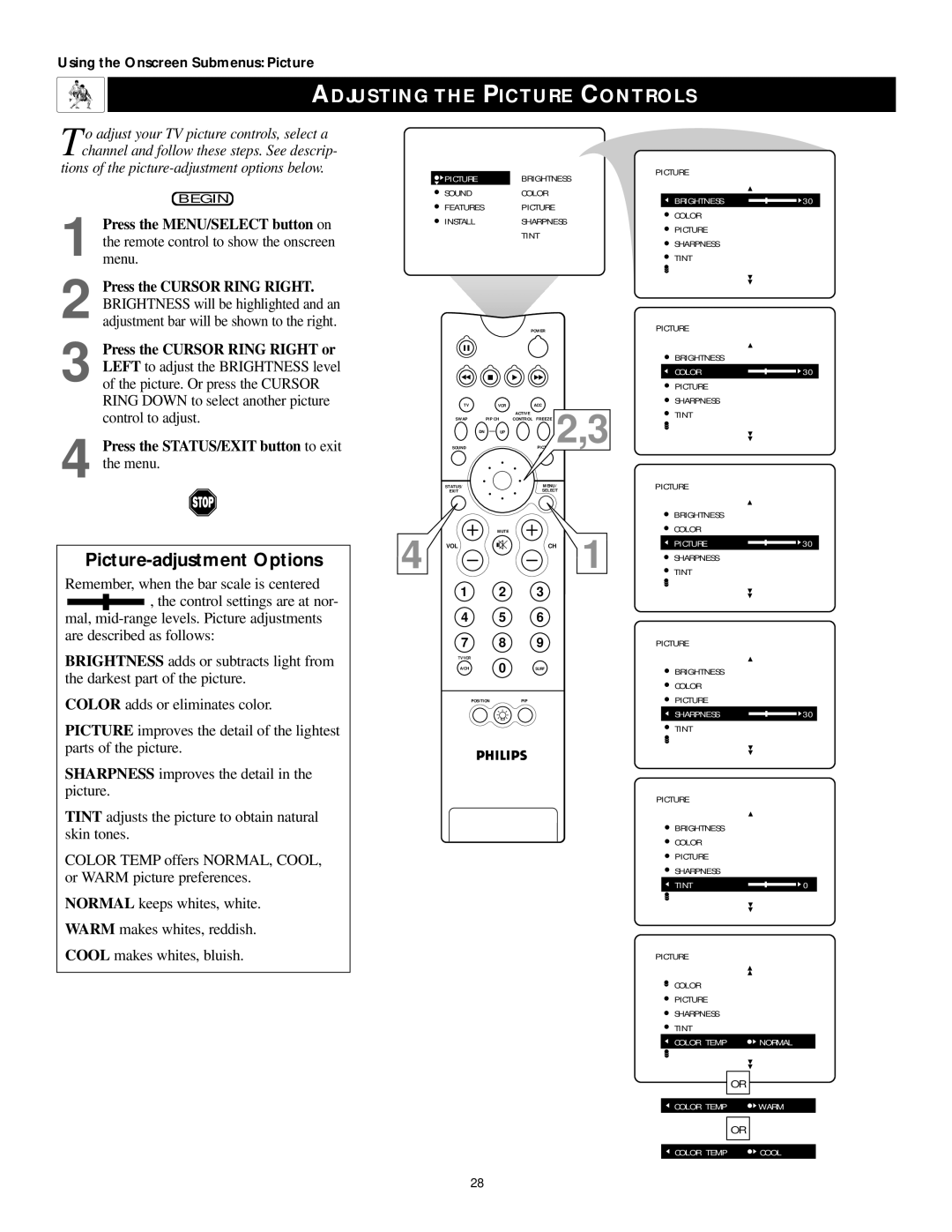 Philips 60PP9202, 50PP 9202, 43PP9202 manual Adjusting the Picture Controls, Picture-adjustment Options 