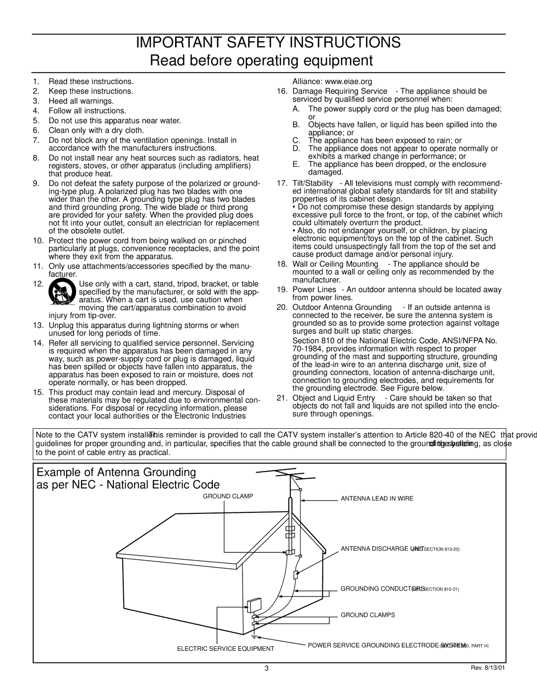 Philips 50PP 9202, 60PP9202, 43PP9202 manual Important Safety Instructions 