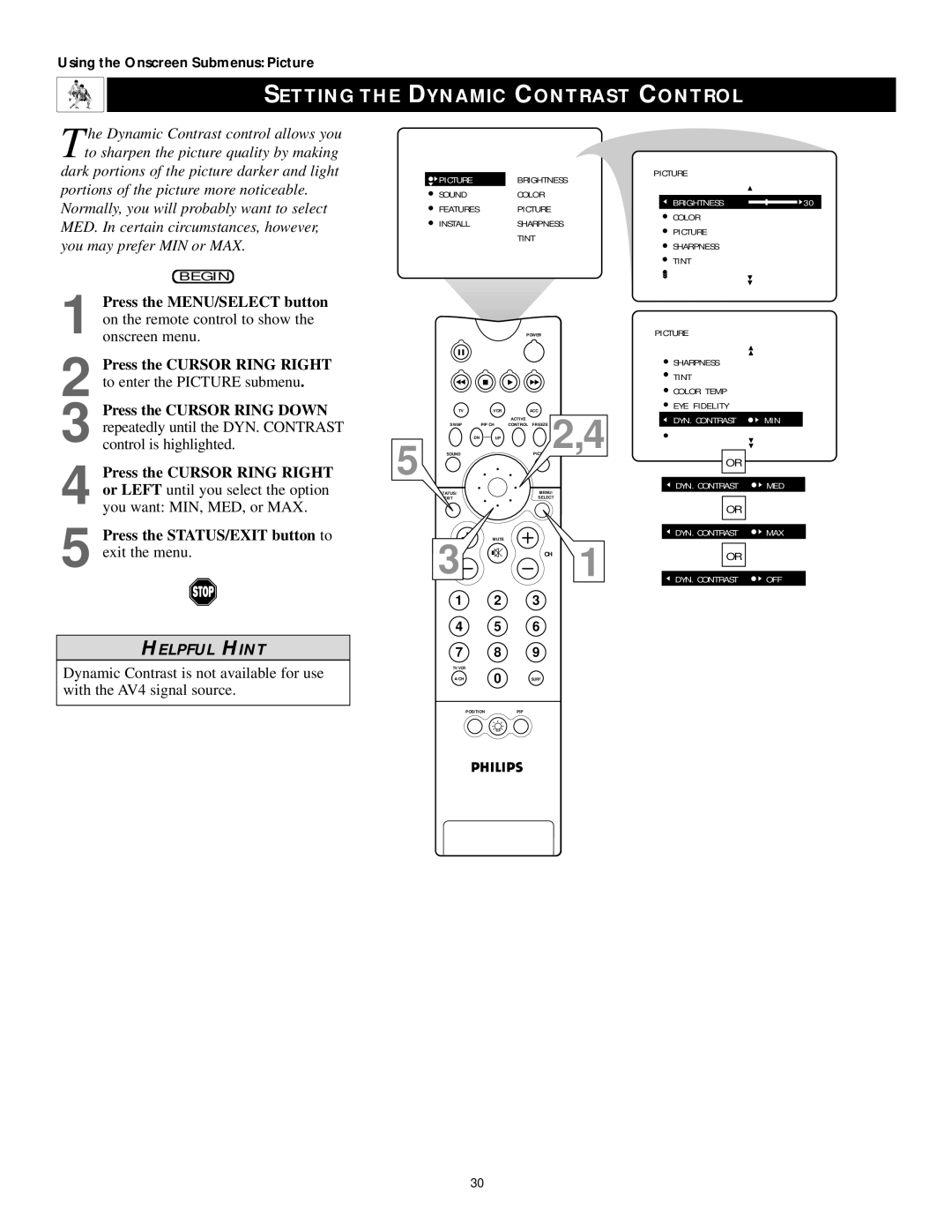 Philips 50PP 9202, 60PP9202, 43PP9202 manual Setting the Dynamic Contrast Control, Picture Sharpness Tint 