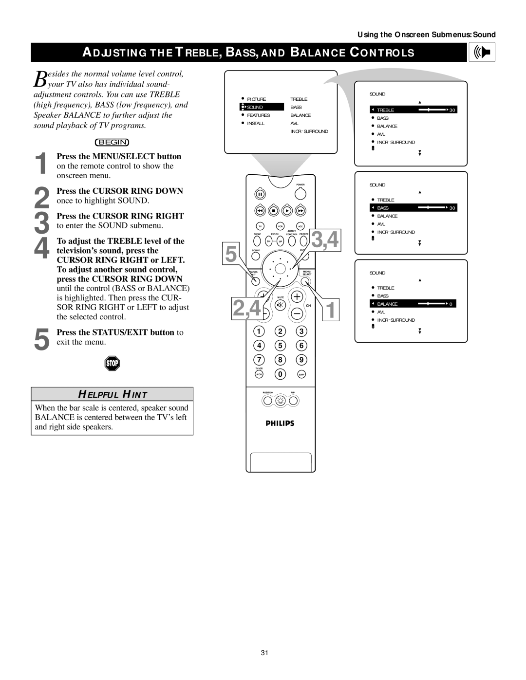 Philips 60PP9202, 50PP 9202, 43PP9202 manual Adjusting the TREBLE, BASS, and Balance Controls, Avl 