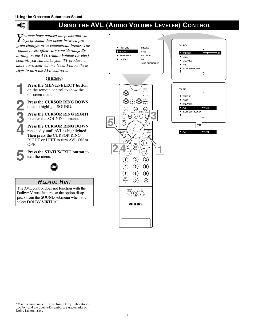 Philips 43PP9202, 50PP 9202, 60PP9202 manual Using the AVL Audio Volume Leveler Control 