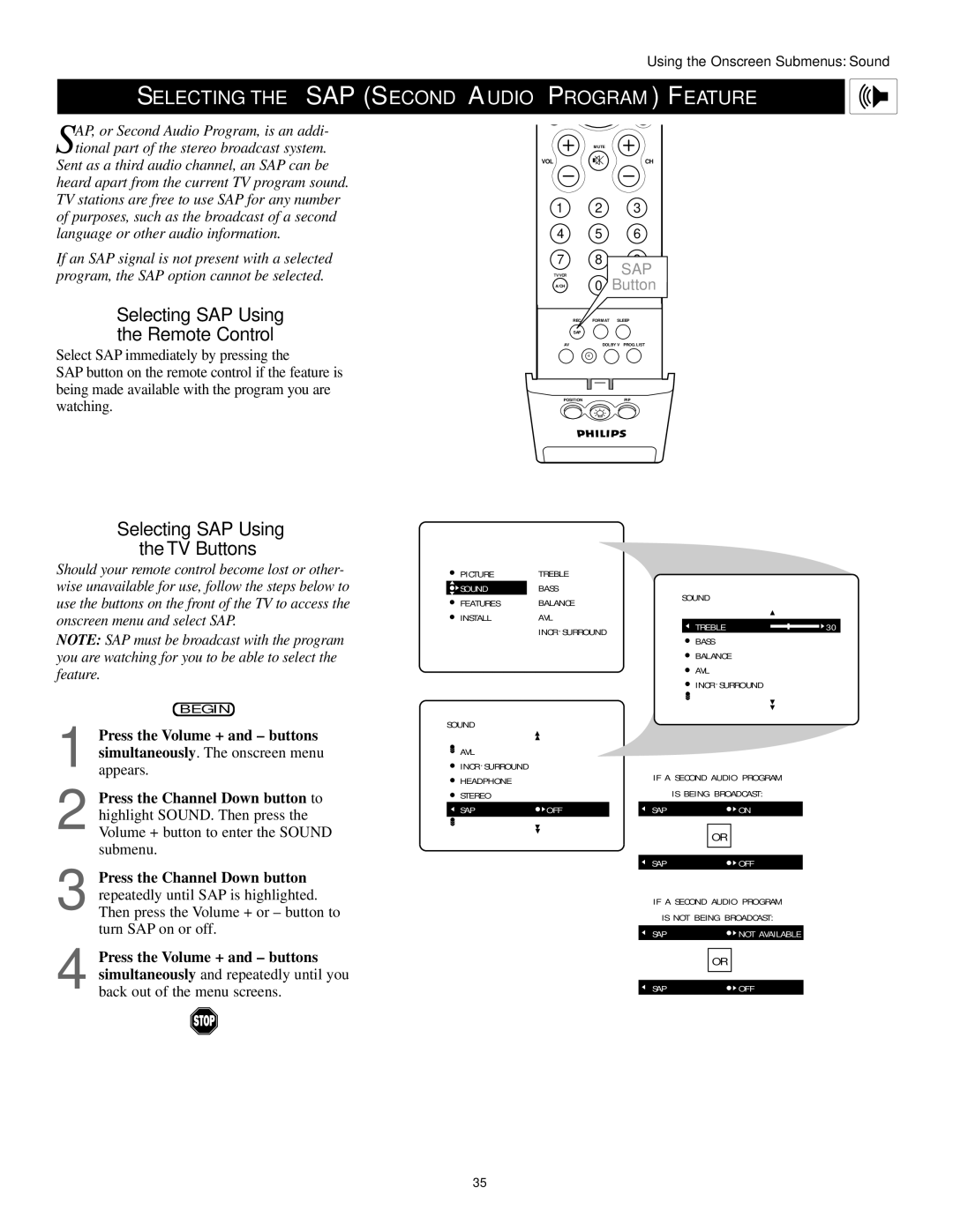 Philips 43PP9202, 50PP 9202, 60PP9202 Selecting the SAP Second Audio Program Feature, Selecting SAP Using Remote Control 