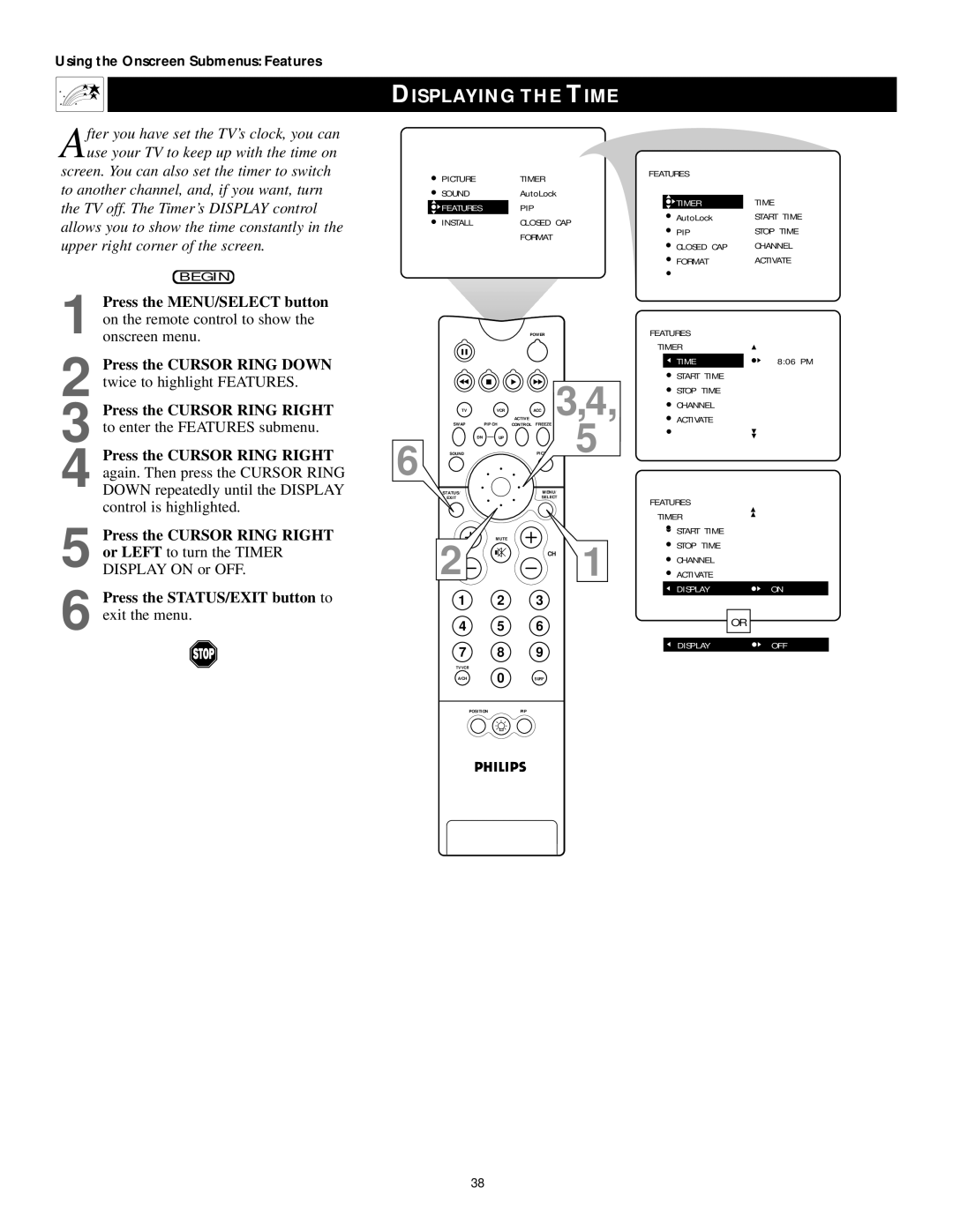 Philips 43PP9202, 50PP 9202, 60PP9202 manual Displaying the Time 