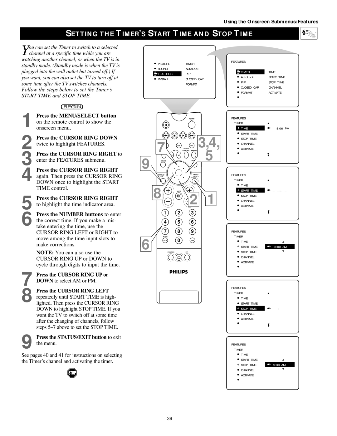 Philips 50PP 9202, 60PP9202, 43PP9202 manual Setting the TIMER’S Start Time and Stop Time 