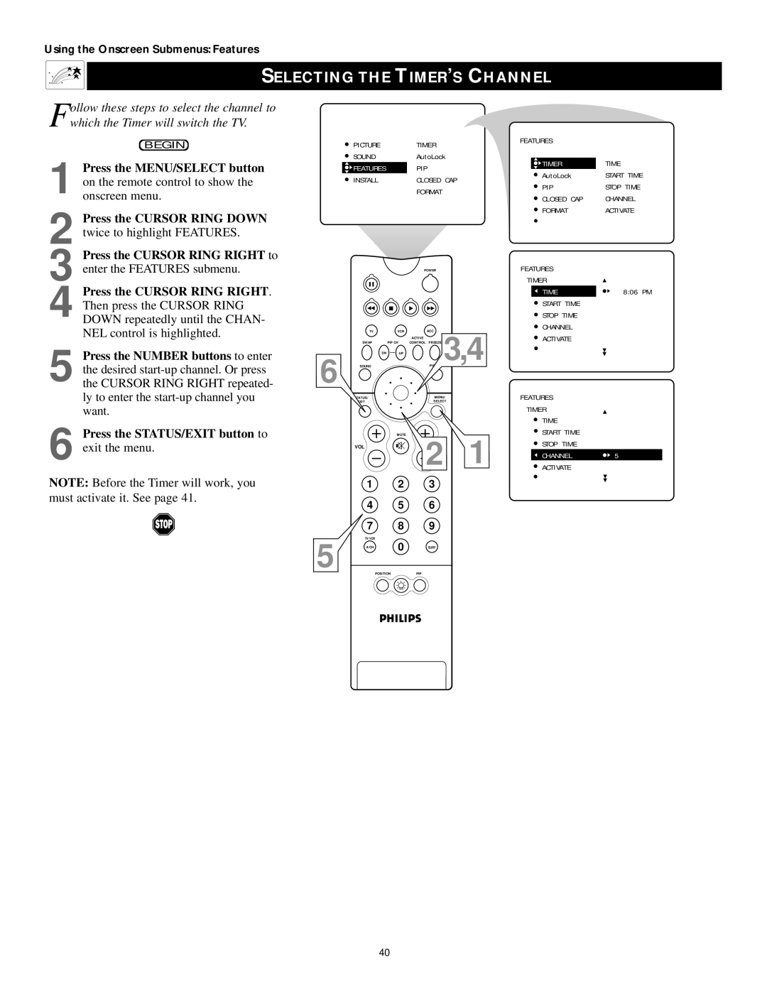 Philips 60PP9202, 50PP 9202, 43PP9202 manual Selecting the TIMER’S Channel 