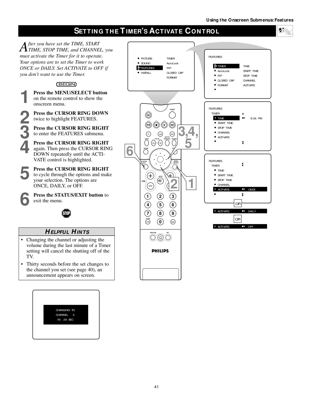 Philips 43PP9202, 50PP 9202, 60PP9202 manual Setting the TIMER’S Activate Control 