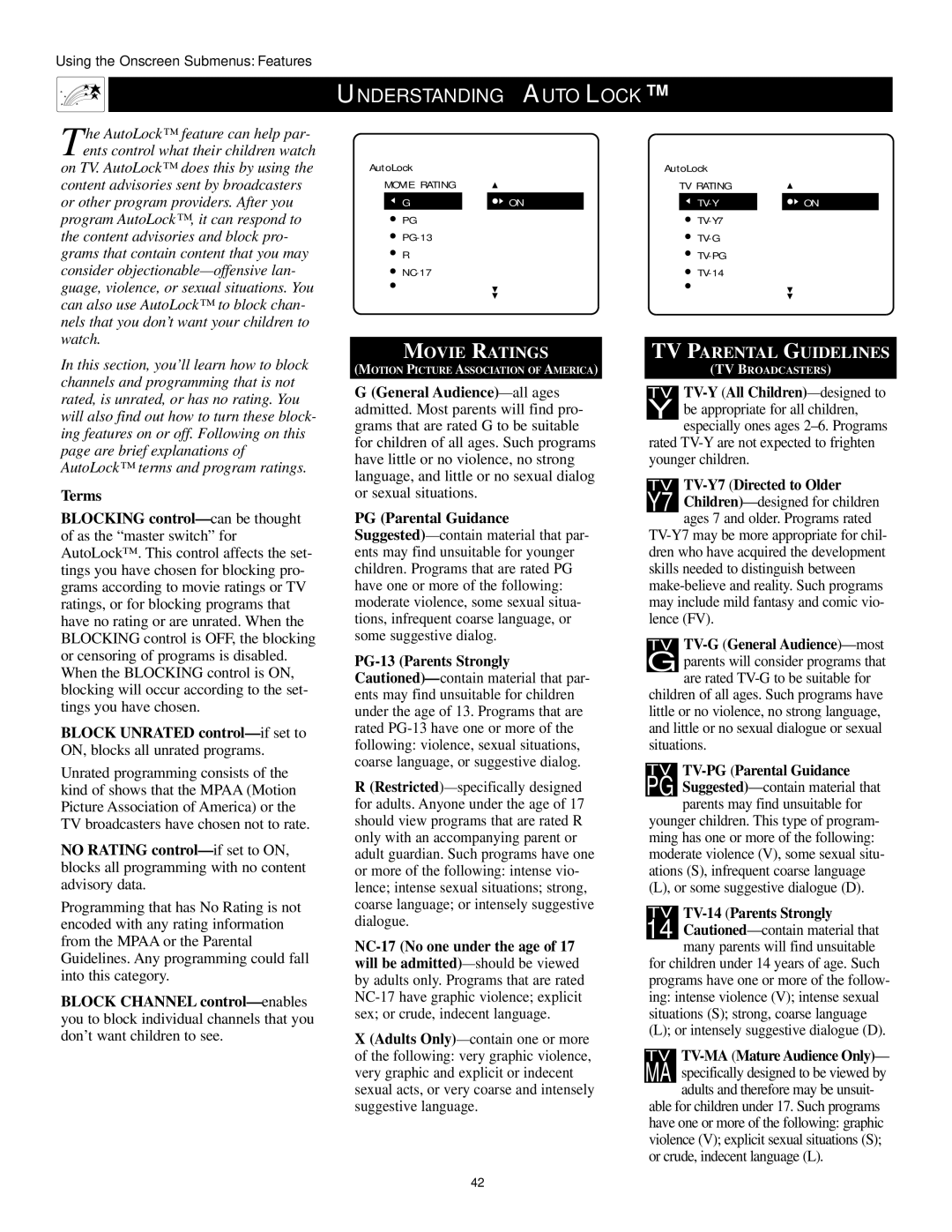 Philips 50PP 9202, 60PP9202, 43PP9202 Understanding Autolock, Terms, PG-13 Parents Strongly, TV TV-Y7 Directed to Older 