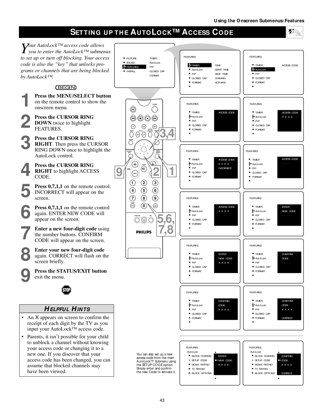 Philips 60PP9202, 50PP 9202, 43PP9202 manual Setting UP the Autolock Access Code, Enter a new four-digit code using 