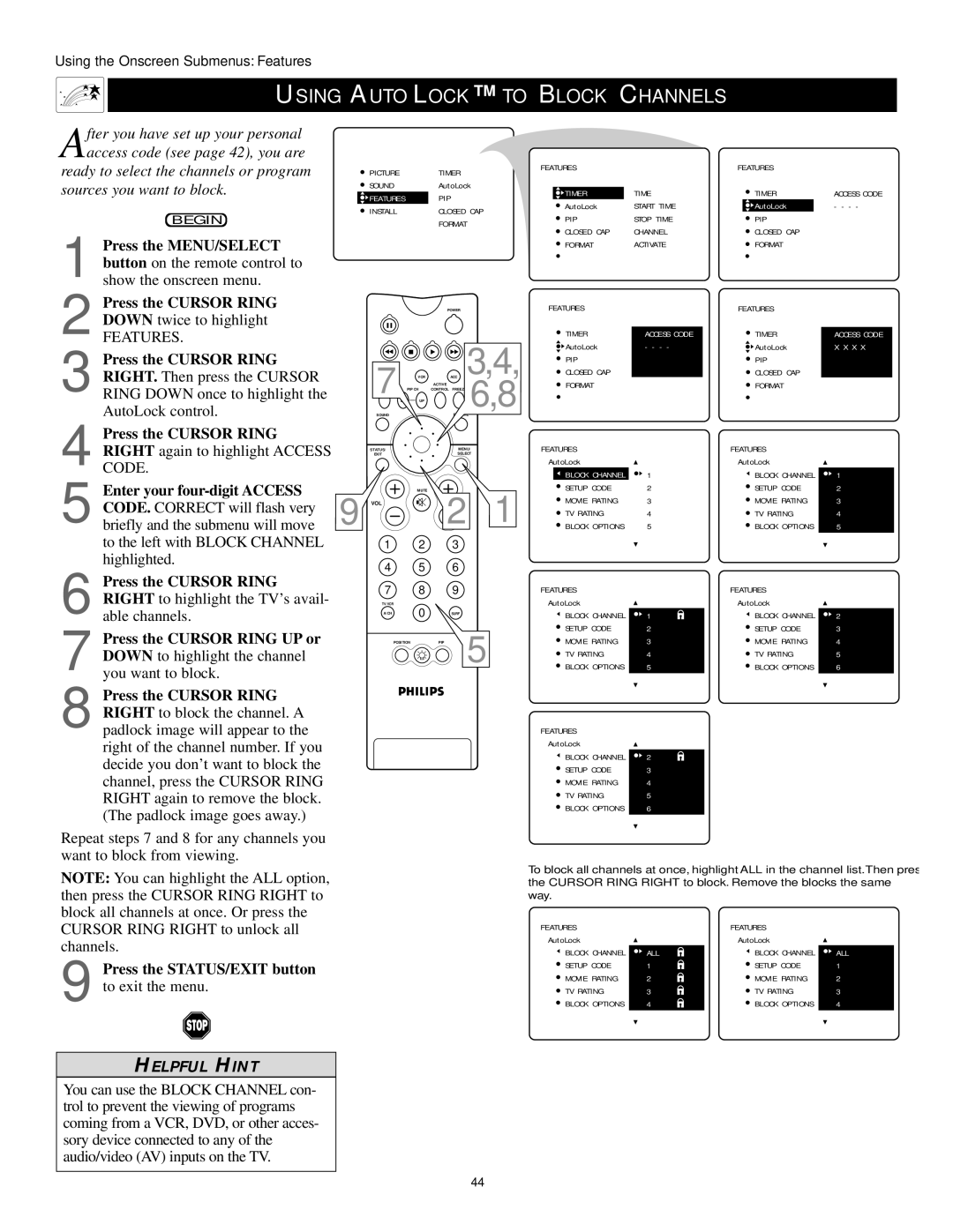 Philips 43PP9202, 50PP 9202, 60PP9202 manual Using Autolock to Block Channels, Features 