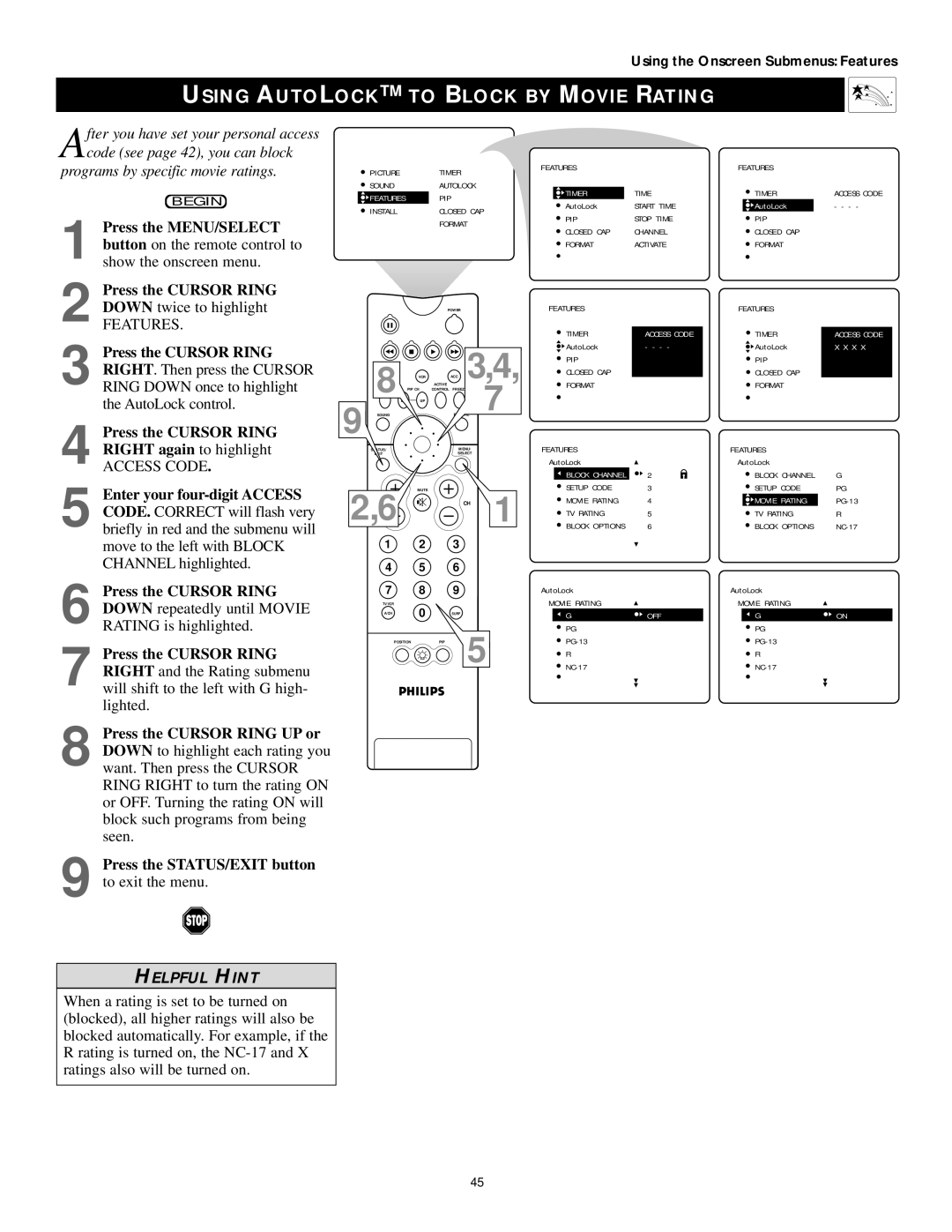 Philips 50PP 9202, 60PP9202, 43PP9202 Using Autolock to Block by Movie Rating, Press the MENU/SELECT, Press the Cursor Ring 