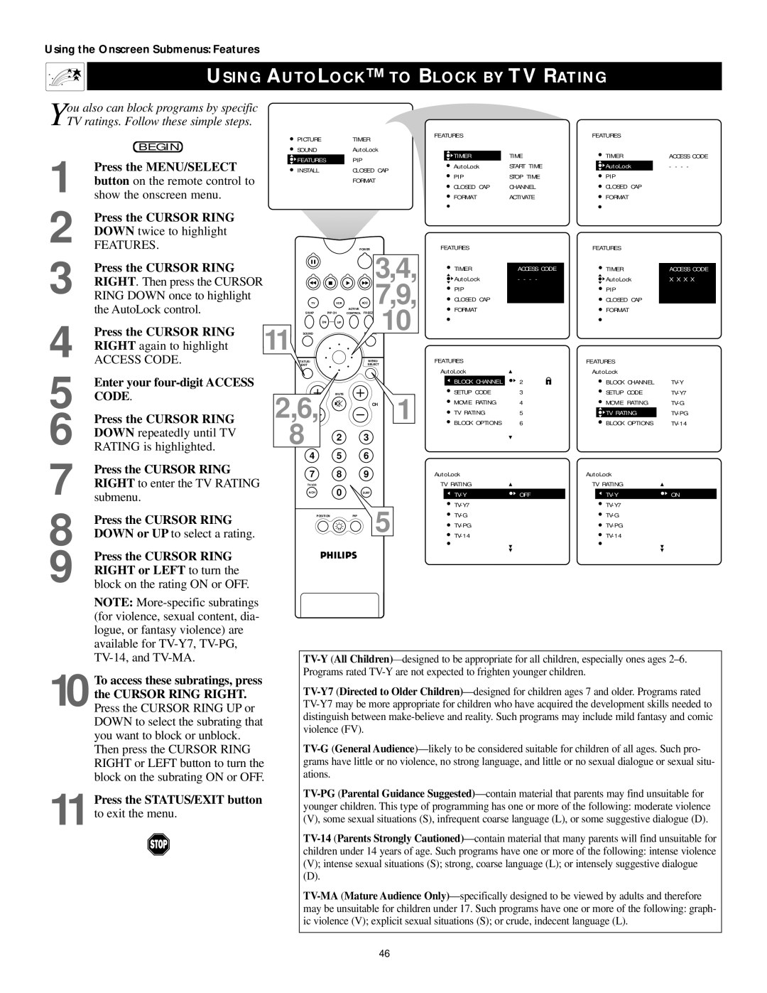 Philips 60PP9202, 50PP 9202, 43PP9202 manual Using Autolock to Block by TV Rating 