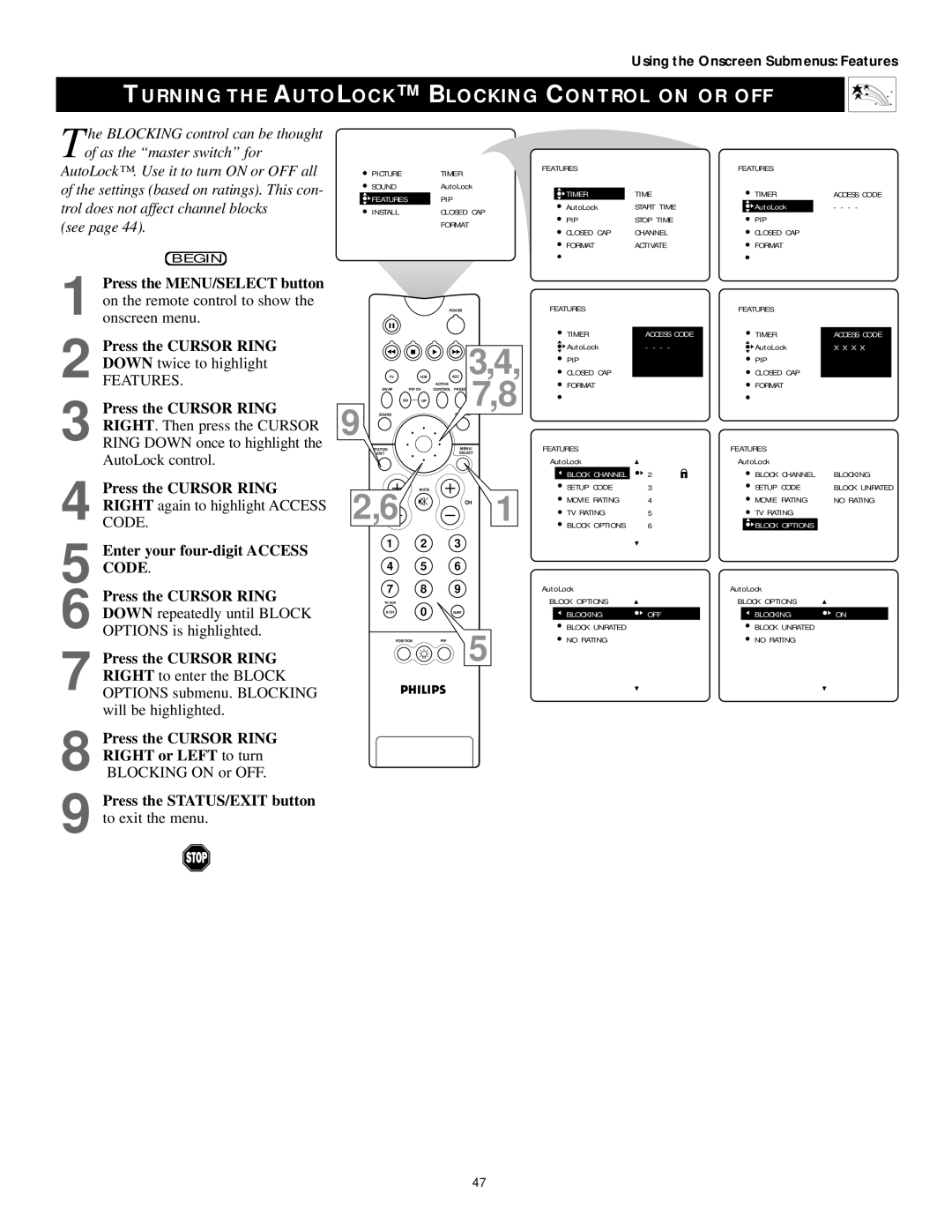 Philips 43PP9202, 50PP 9202 Turning the Autolock Blocking Control on or OFF, Press the STATUS/EXIT button to exit the menu 