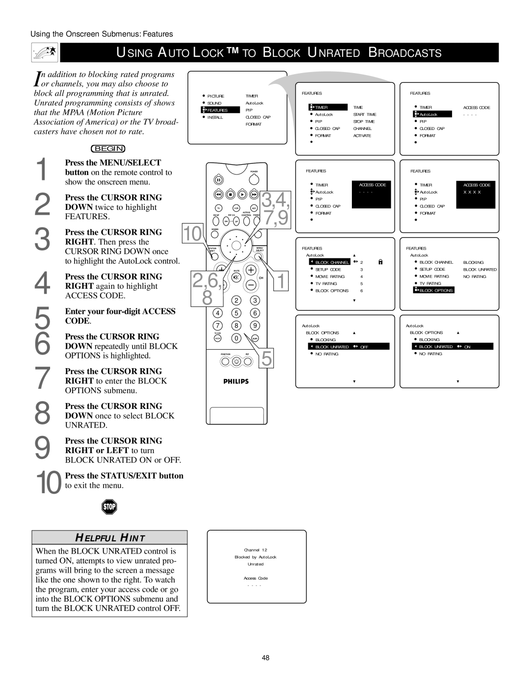 Philips 50PP 9202, 60PP9202, 43PP9202 manual Using Autolock to Block Unrated Broadcasts 