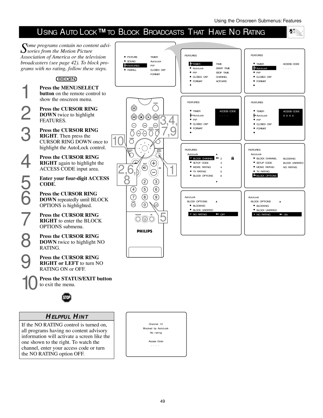 Philips 60PP9202, 50PP 9202, 43PP9202 manual Using Autolock to Block Broadcasts That have no Rating, Show the onscreen menu 