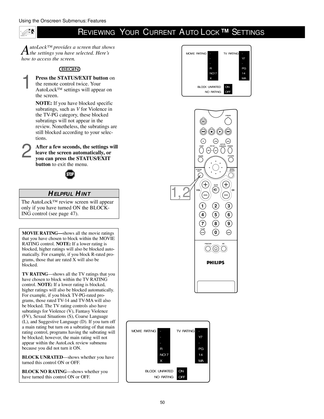 Philips 43PP9202, 50PP 9202, 60PP9202 manual Reviewing Your Current Autolock Settings, Press the STATUS/EXIT button on 