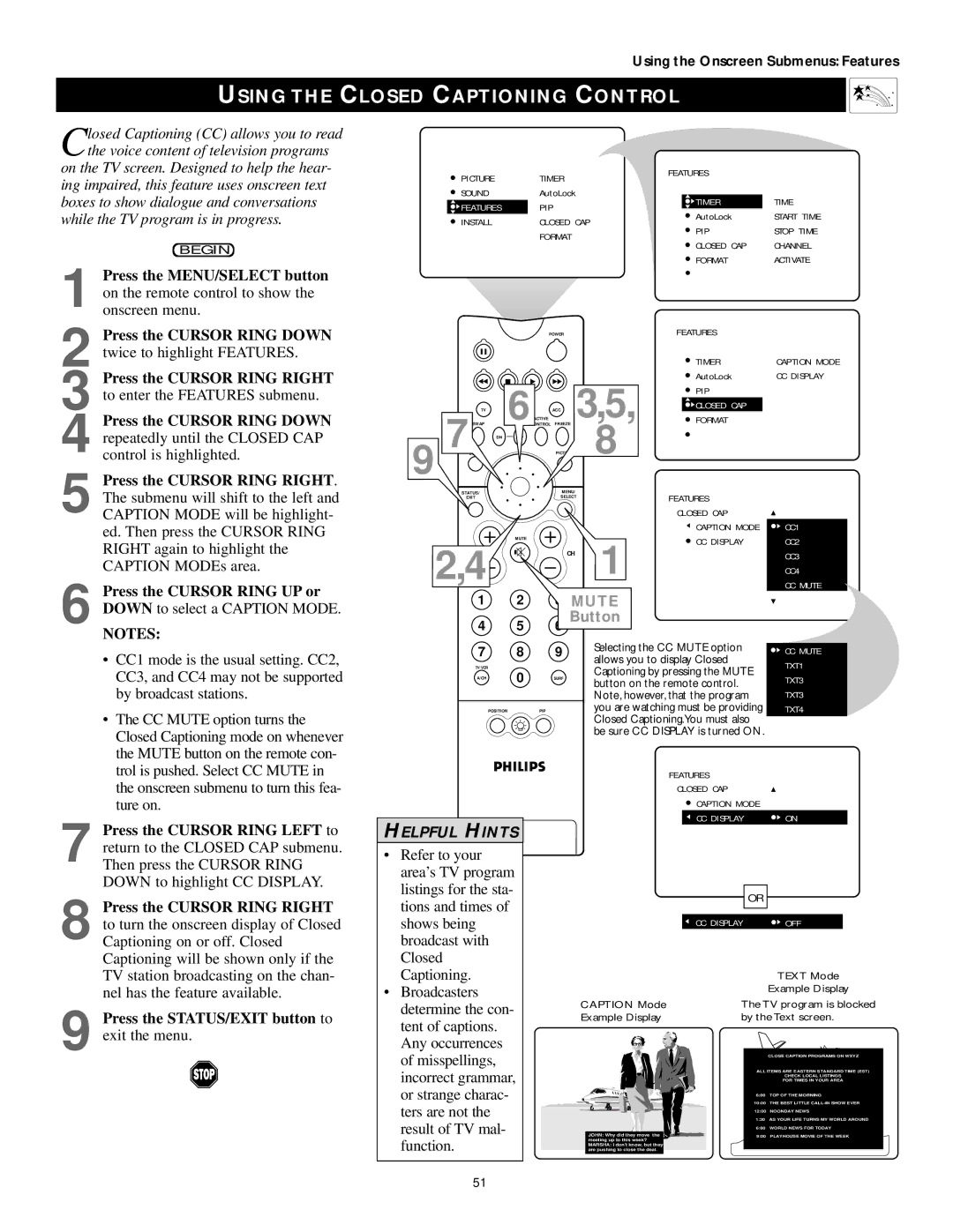 Philips 50PP 9202, 60PP9202, 43PP9202 manual Using the Closed Captioning Control, TXT4 