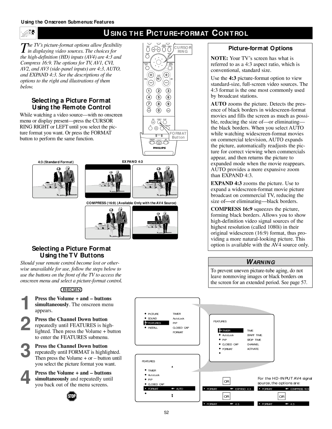 Philips 60PP9202, 50PP 9202, 43PP9202 Using the PICTURE-FORMAT Control, Selecting a Picture Format Using the Remote Control 