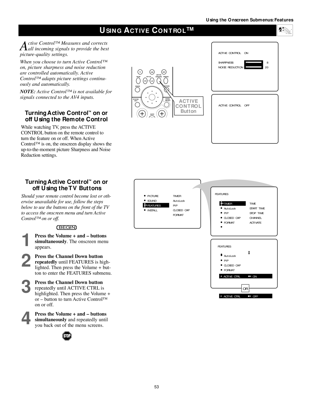 Philips 43PP9202, 50PP 9202, 60PP9202 manual Using Active Control, Turning Active Control on or off Using the Remote Control 